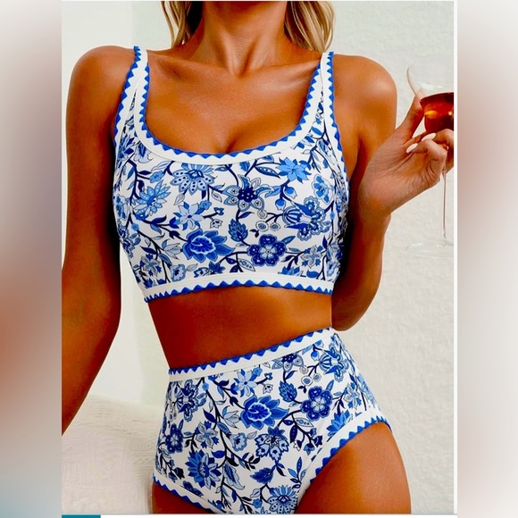 Other - Women’s Bikini Blue Floral Whip Stitch 2 Piece
High Waisted Scoop Bathing Suits